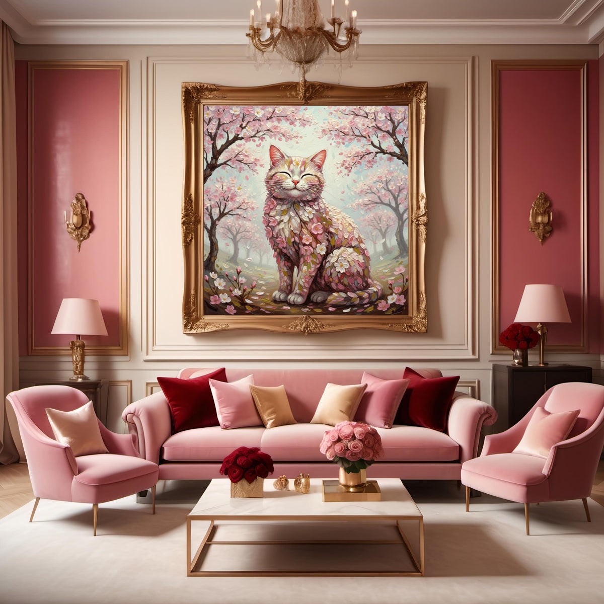 Cherry Blossom Cat Art: Vintage Floral Impressionist Painting (Digital Download)
