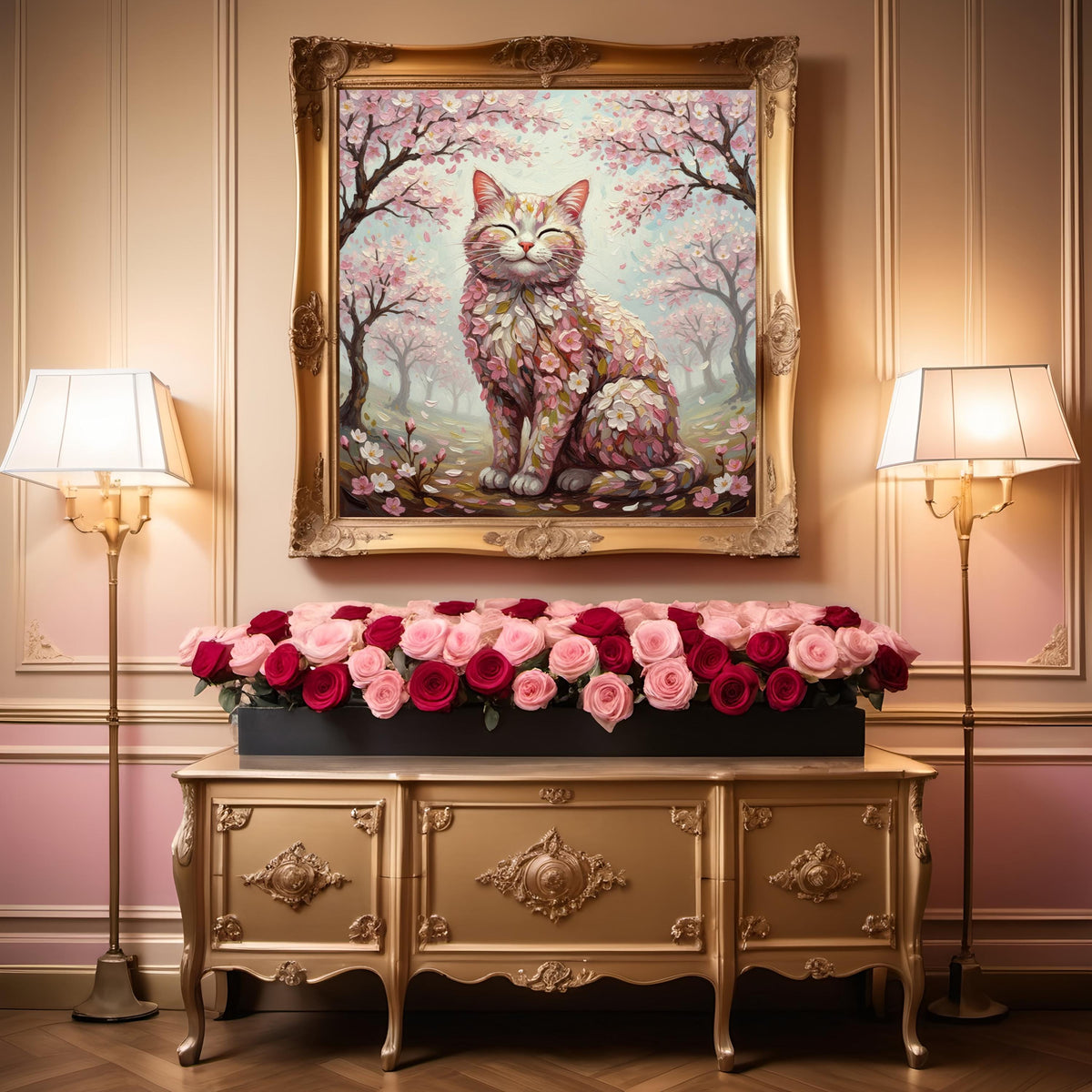 Cherry Blossom Cat Art: Vintage Floral Impressionist Painting (Digital Download)