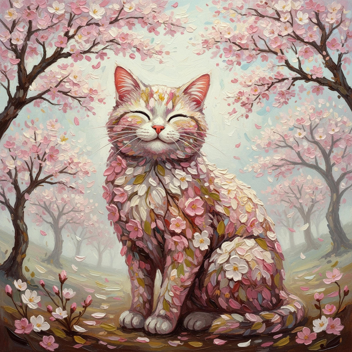 Cherry Blossom Cat Art: Vintage Floral Impressionist Painting (Digital Download)