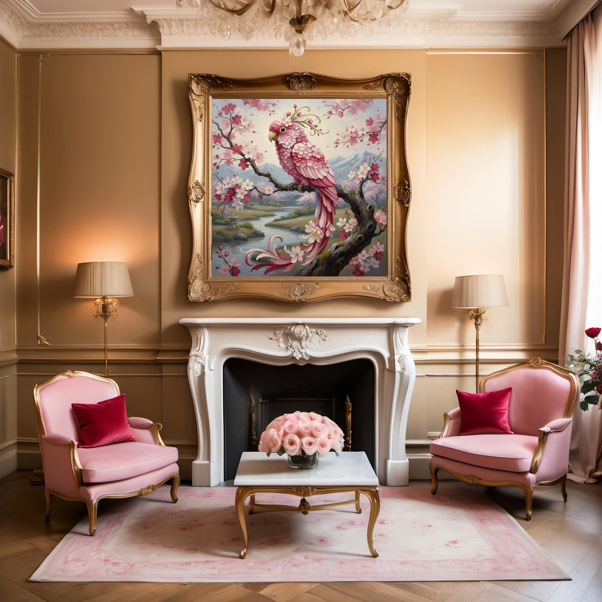 Pink Parrot & Cherry Blossom Art Print, Vintage Oil Painting Style (Digital Download)