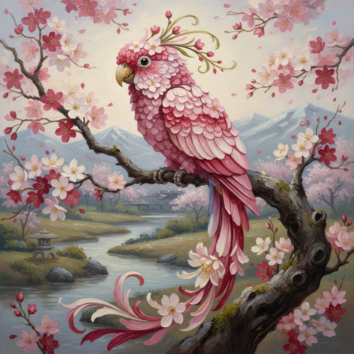 Pink Parrot & Cherry Blossom Art Print, Vintage Oil Painting Style (Digital Download)