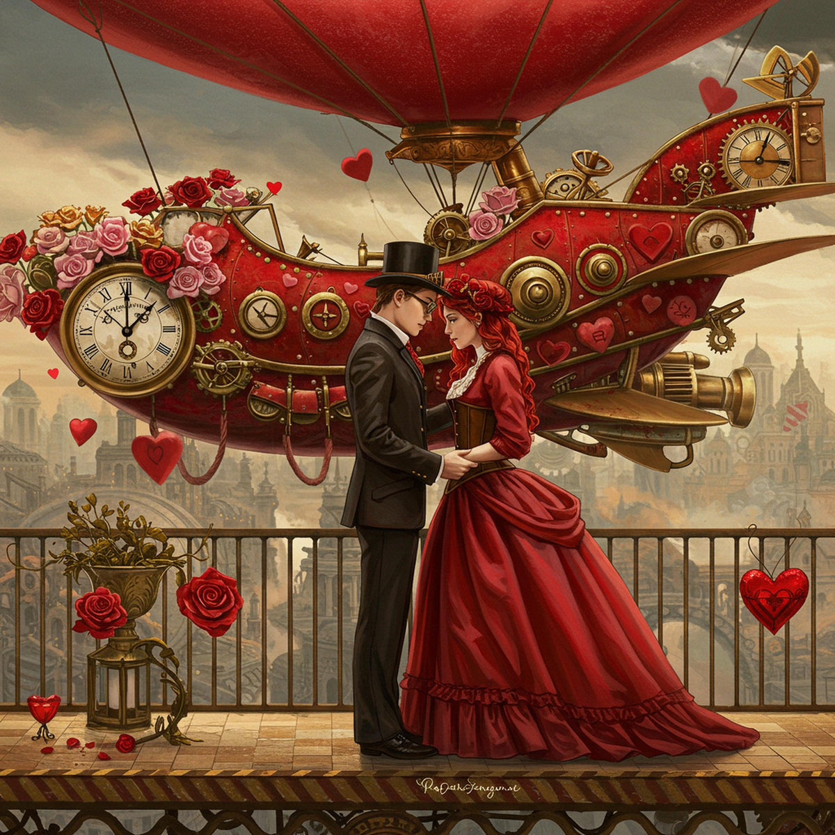 Steampunk Valentine Couple Art Print: Airship Love Story (Digital Download)