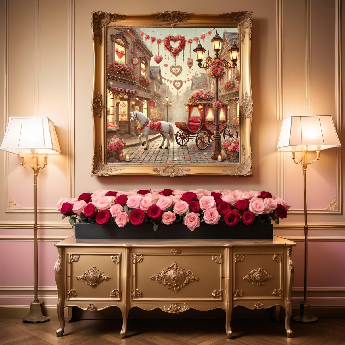Valentine's Day Village Print: Horse Carriage, Romantic Street Scene (Digital Download)