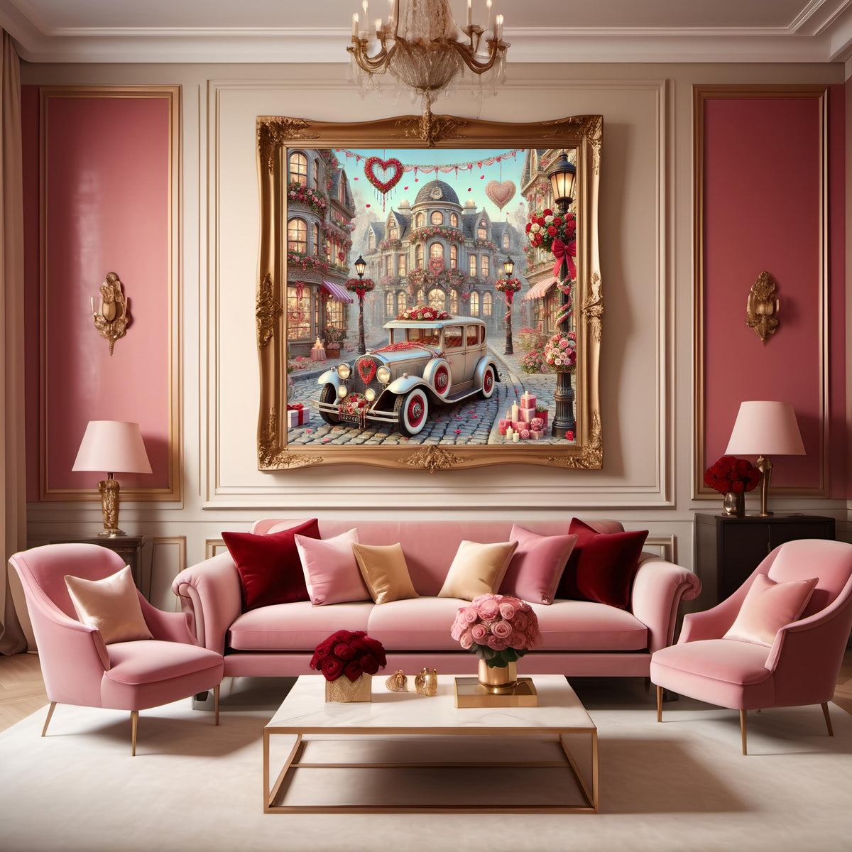 Valentine Village Car Scene Art, Romantic Oil Painting Style (Digital Download)