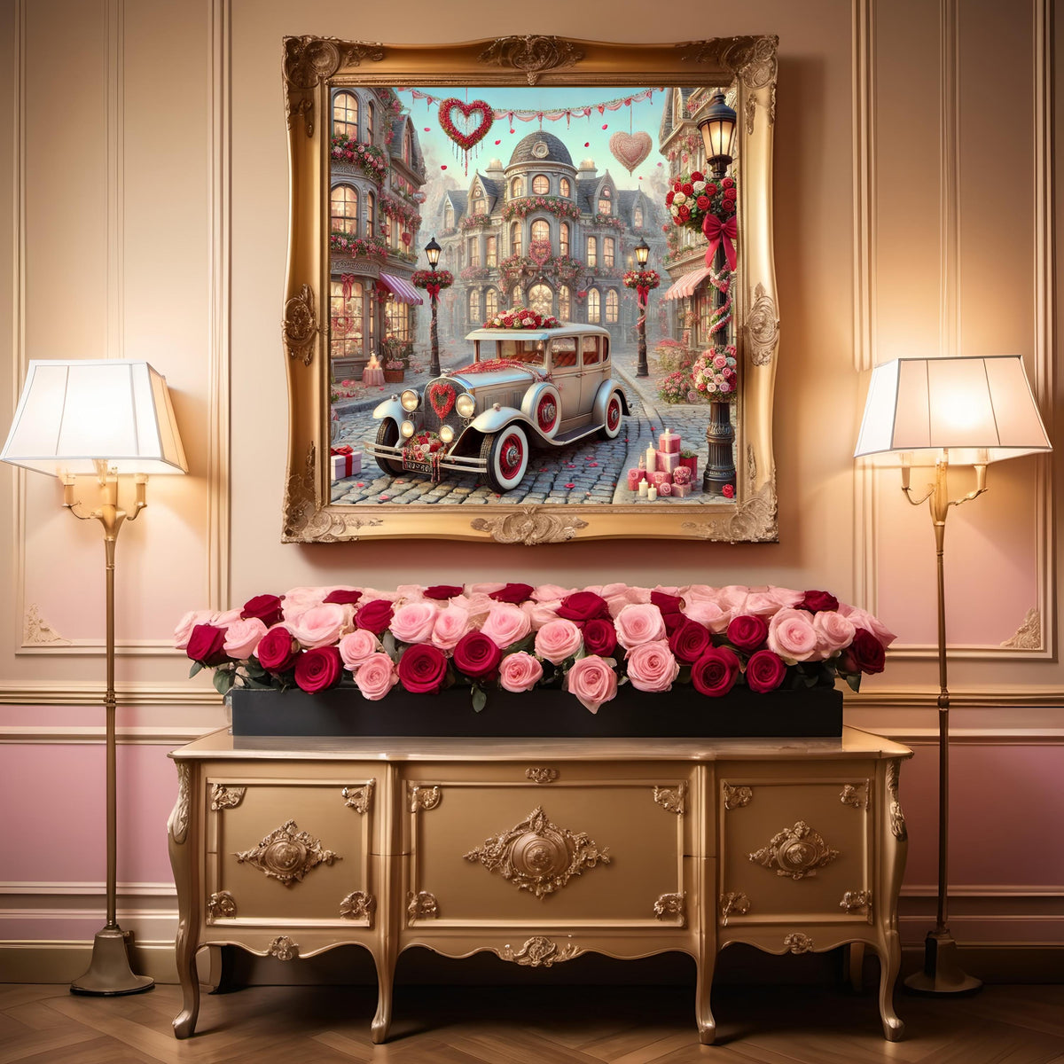 Valentine Village Car Scene Art, Romantic Oil Painting Style (Digital Download)