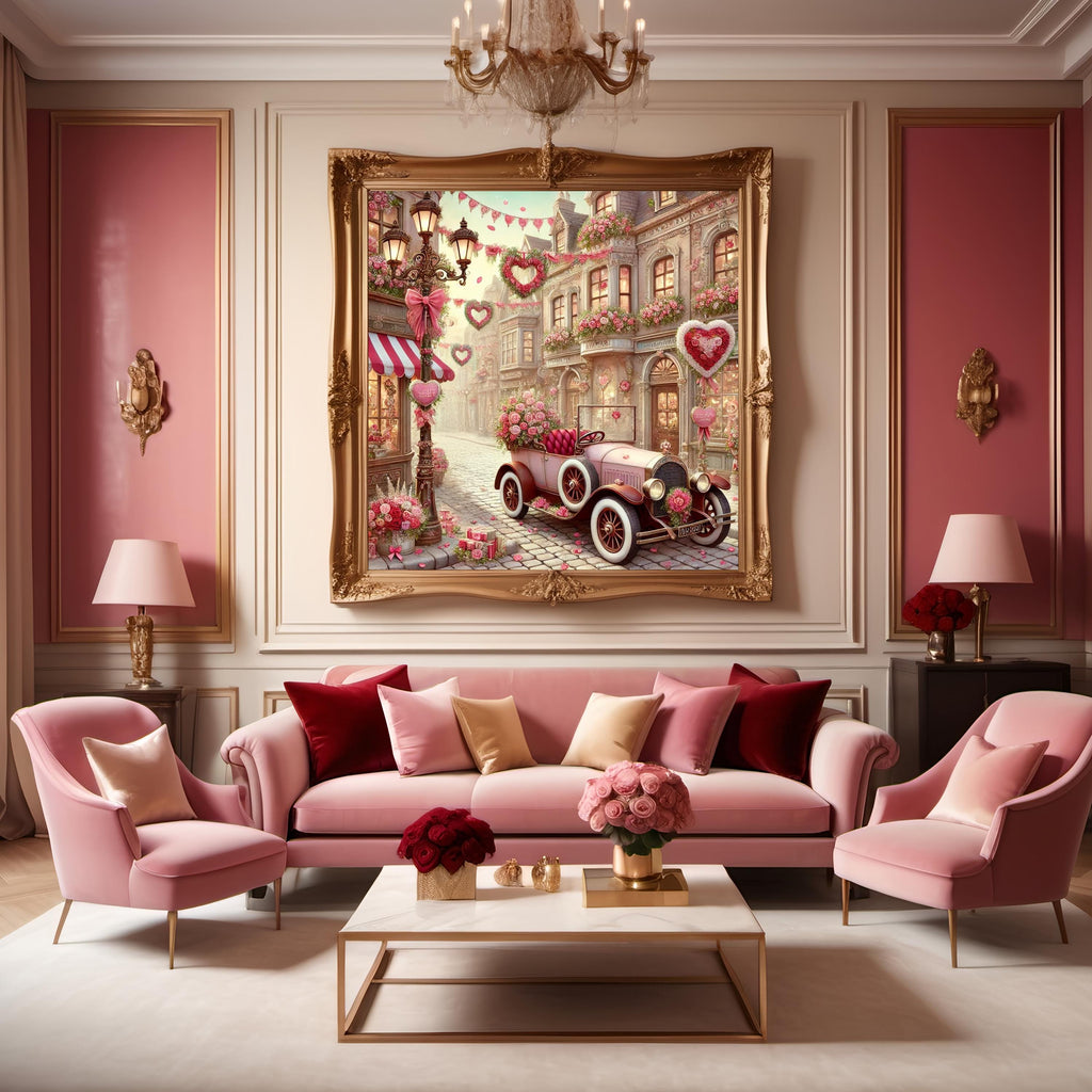 Valentine's Day Village Car Art Print, Romantic Oil Painting Style (Digital Download)
