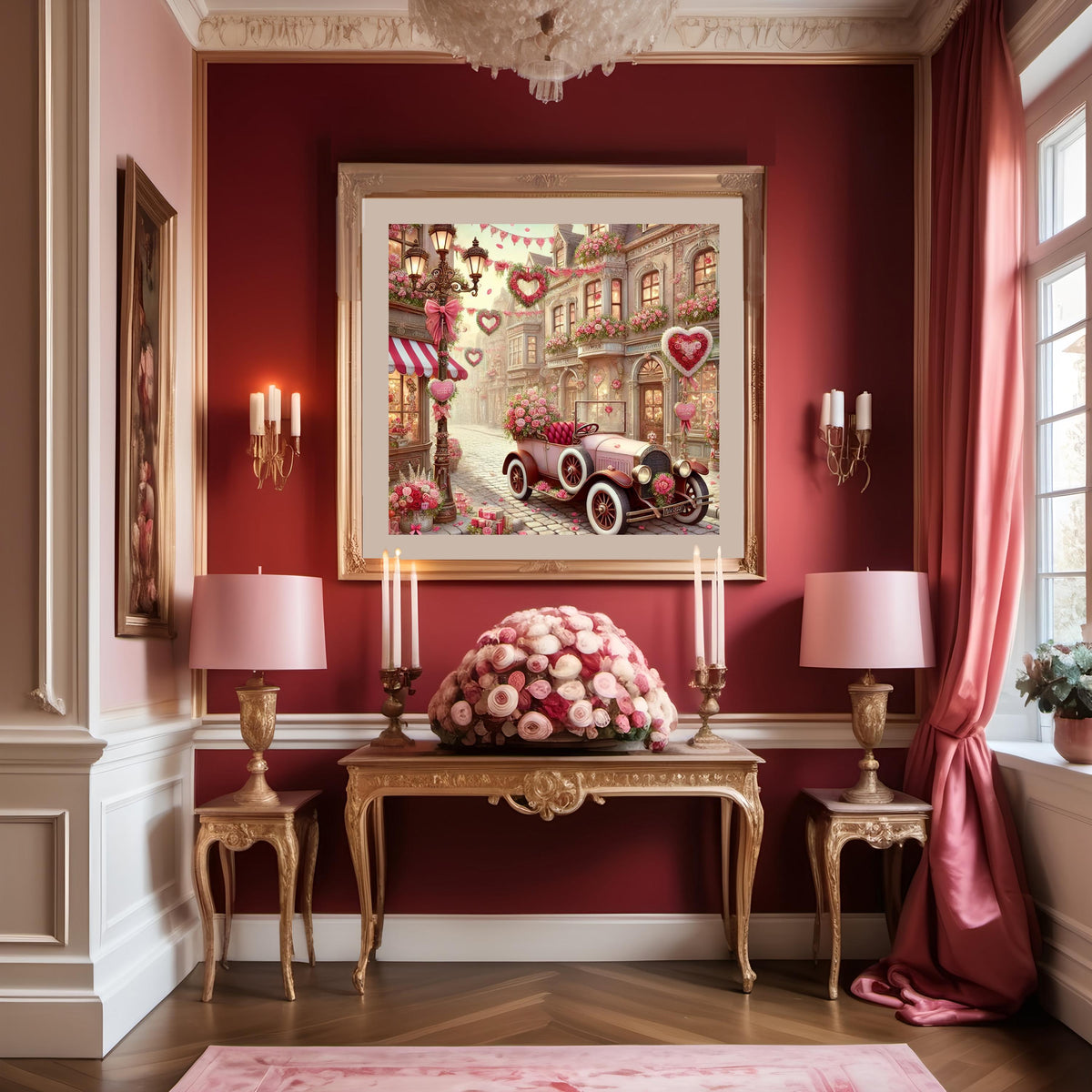 Valentine's Day Village Car Art Print, Romantic Oil Painting Style (Digital Download)