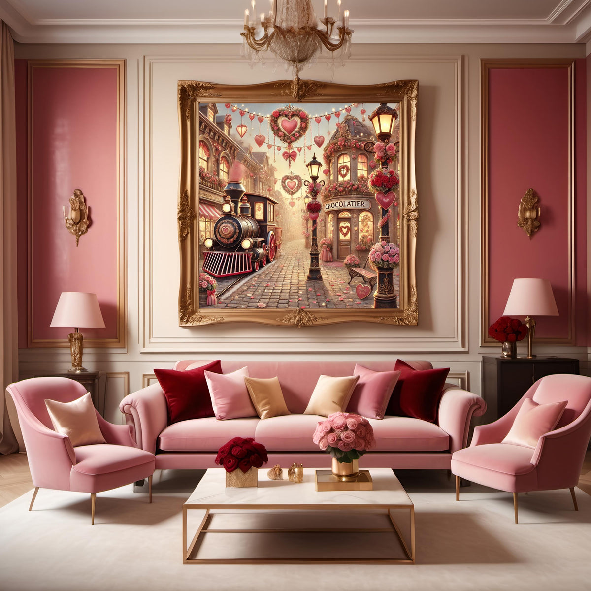 Valentine Village Train Art Print: Romantic Oil Painting Style (Digital Download)