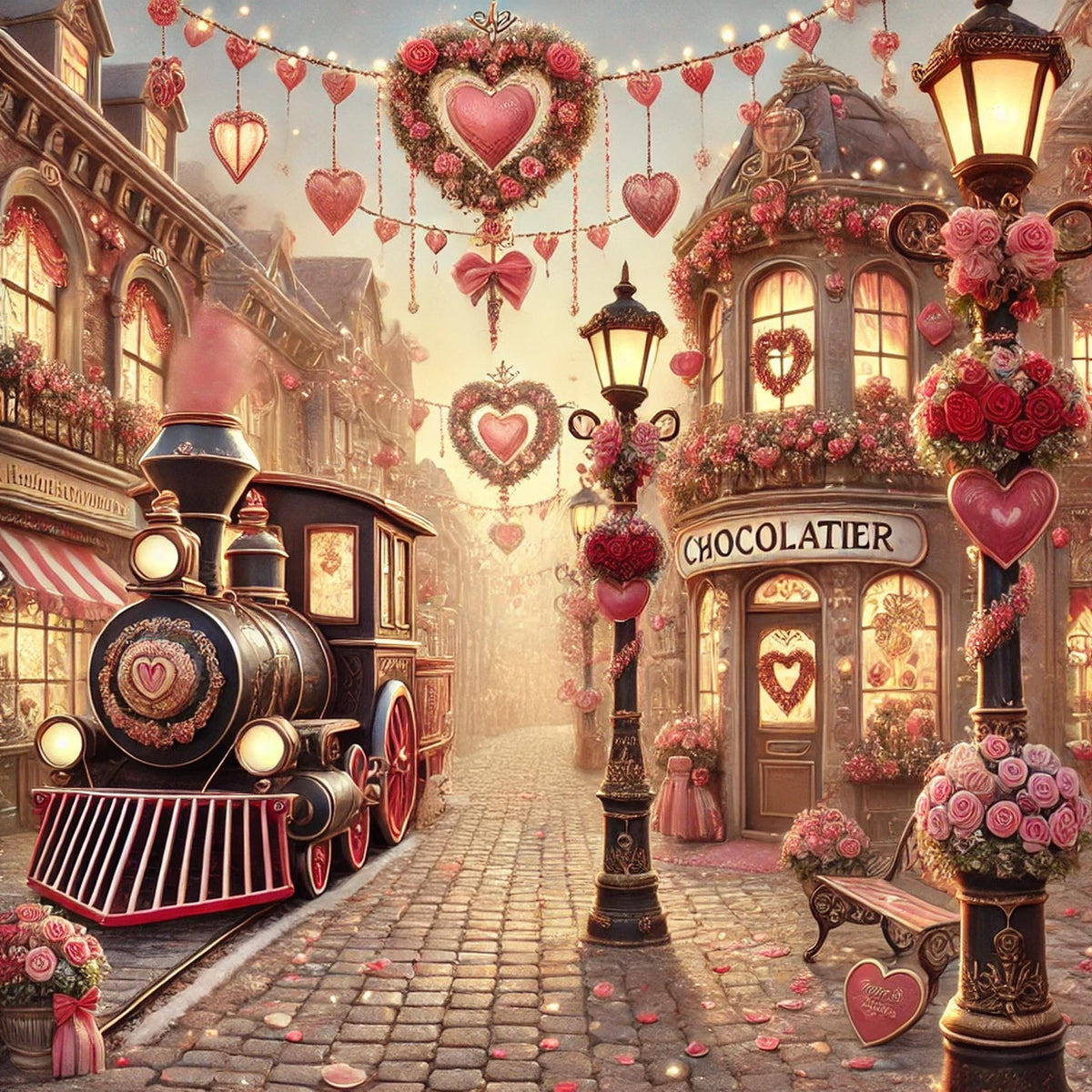 Valentine Village Train Art Print: Romantic Oil Painting Style (Digital Download)