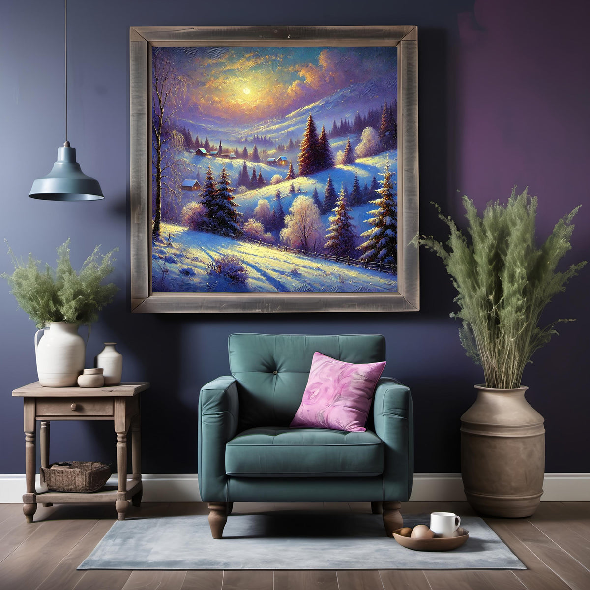 Moonlit Winter Hillside: Romantic Impressionist Snow Landscape Oil Painting Wall Art Serene Winter Decor