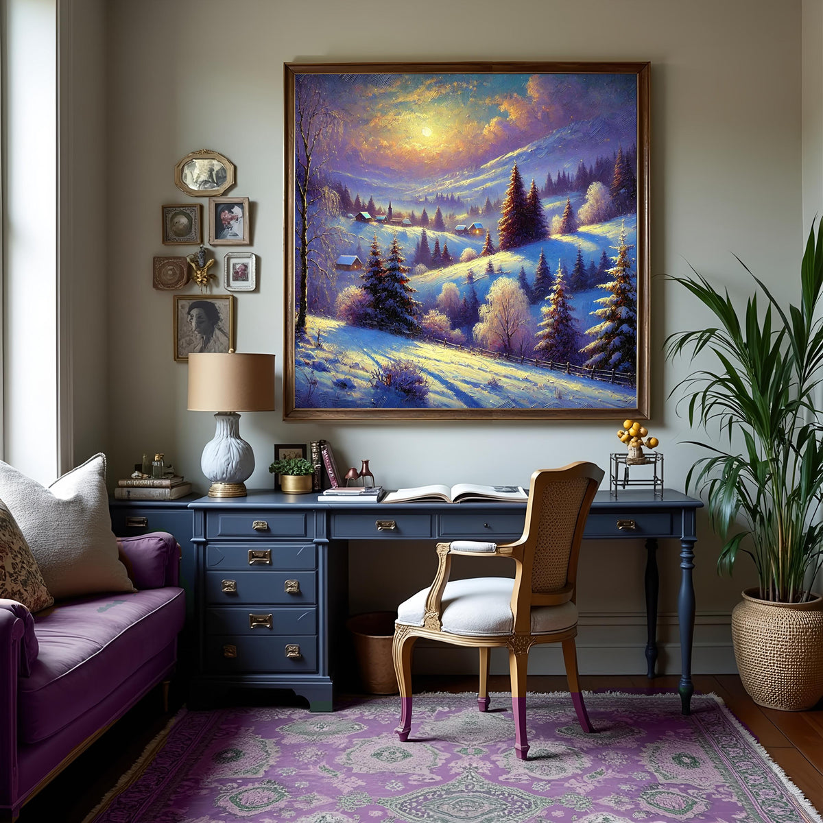 Moonlit Winter Hillside: Romantic Impressionist Snow Landscape Oil Painting Wall Art Serene Winter Decor