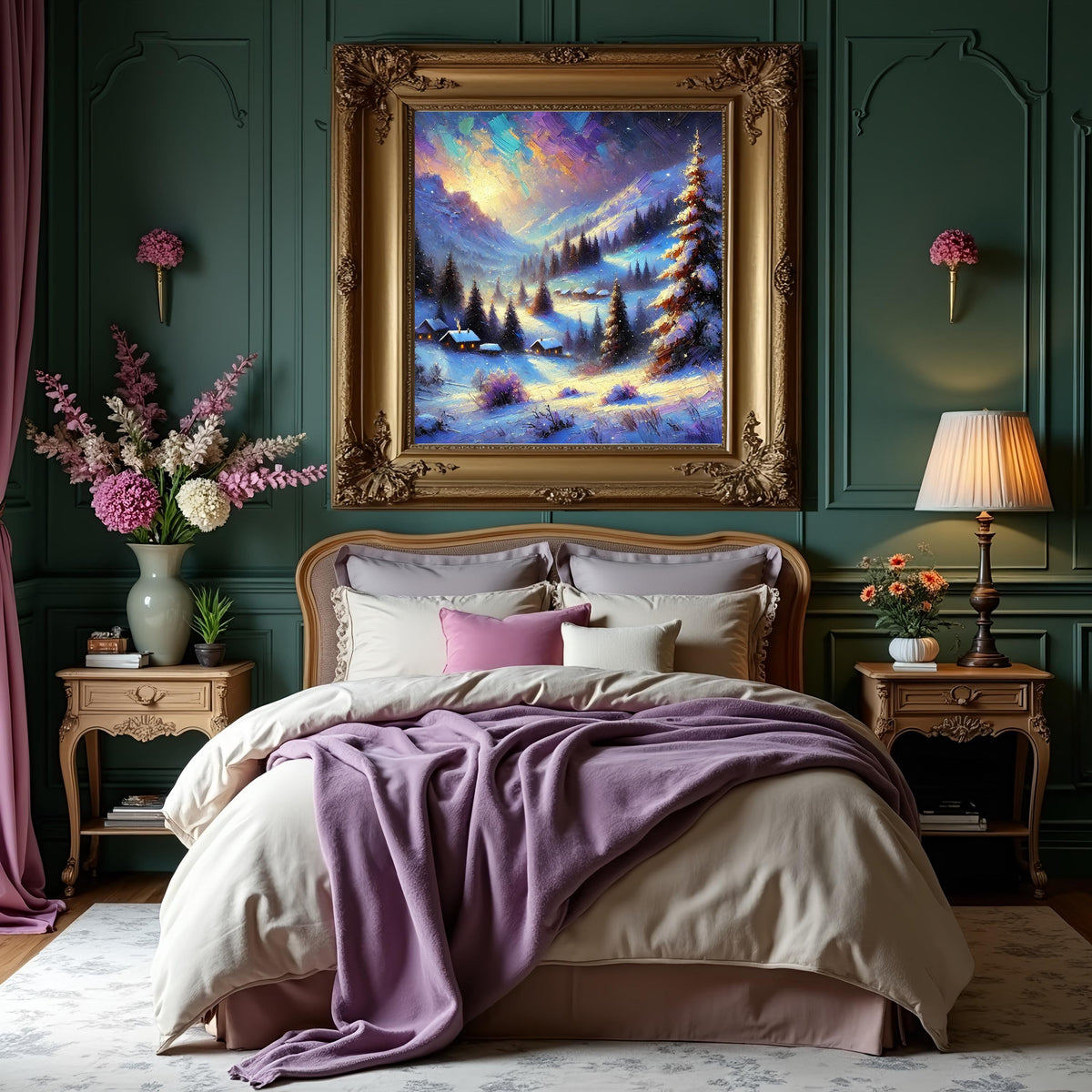 Winter Village Northern Lights Glow: Vintage Impressionist Snowy Landscape Oil Painting Wall Art Romantic Winter Decor