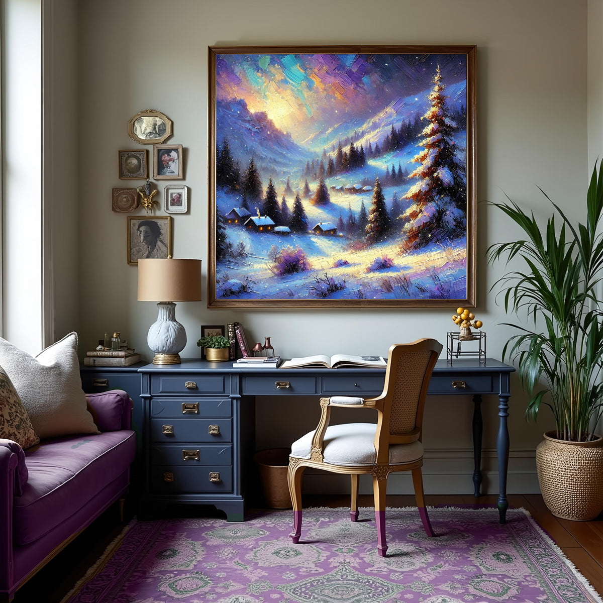 Winter Village Northern Lights Glow: Vintage Impressionist Snowy Landscape Oil Painting Wall Art Romantic Winter Decor