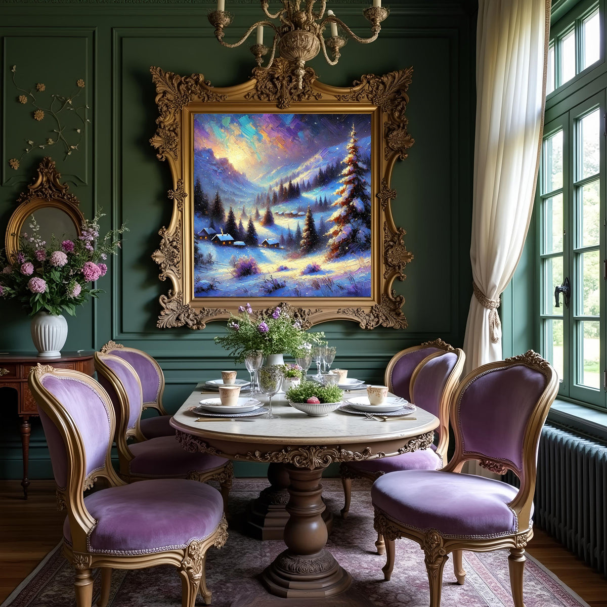 Winter Village Northern Lights Glow: Vintage Impressionist Snowy Landscape Oil Painting Wall Art Romantic Winter Decor
