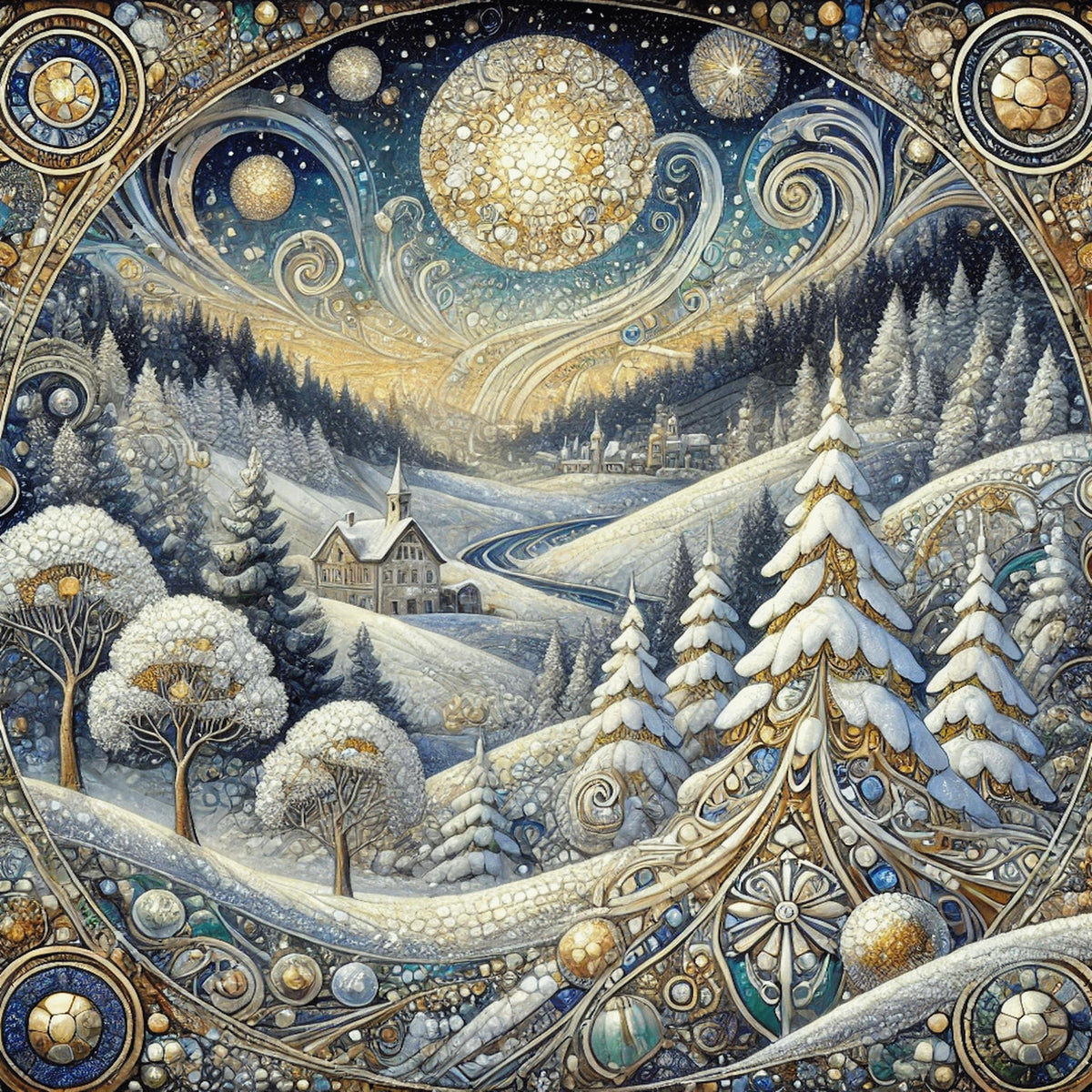 Celestial Winter Village: Ornate Art Nouveau Snowy Landscape Oil Painting Wall Art Gilded Winter Decor