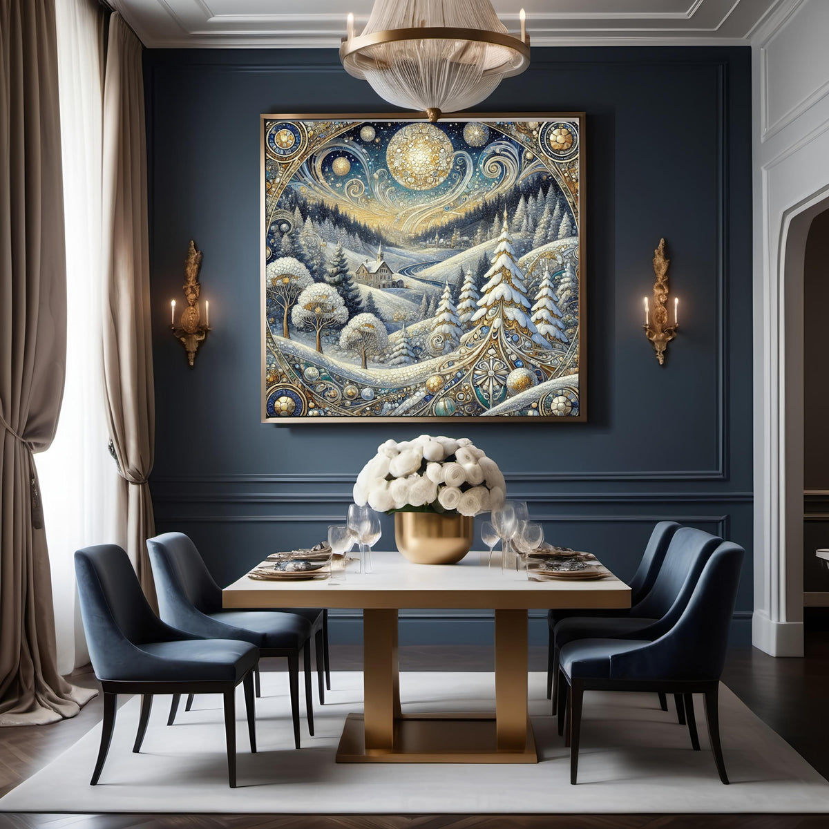 Celestial Winter Village: Ornate Art Nouveau Snowy Landscape Oil Painting Wall Art Gilded Winter Decor