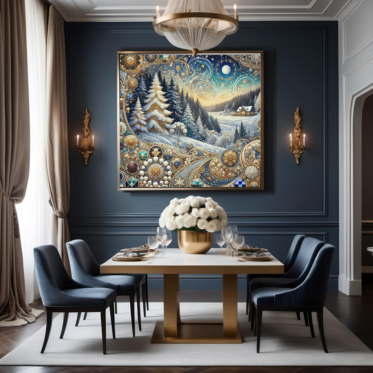 Moonlit Winter Forest: Ornate Art Nouveau Snow Landscape Oil Painting Wall Art Celestial Winter Decor