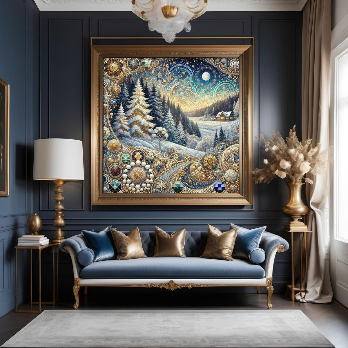 Moonlit Winter Forest: Ornate Art Nouveau Snow Landscape Oil Painting Wall Art Celestial Winter Decor