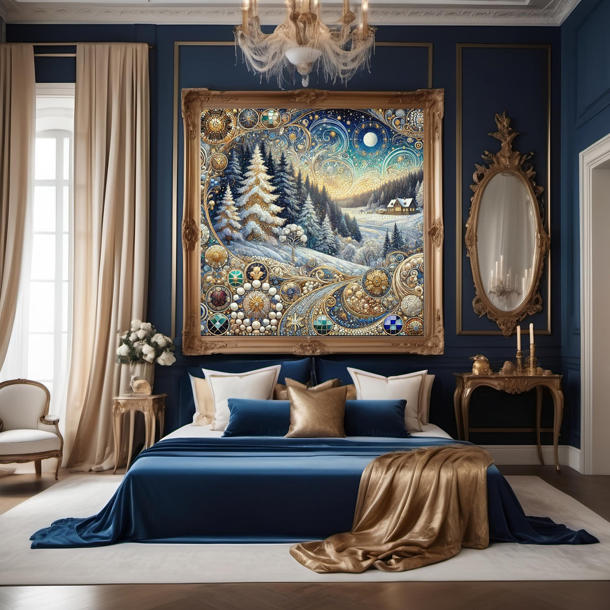 Moonlit Winter Forest: Ornate Art Nouveau Snow Landscape Oil Painting Wall Art Celestial Winter Decor