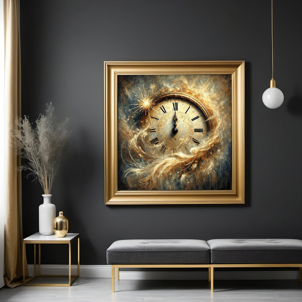 Midnight New Year Clock Painting: Vintage Impressionist Time Celebration Wall Art Digital Art