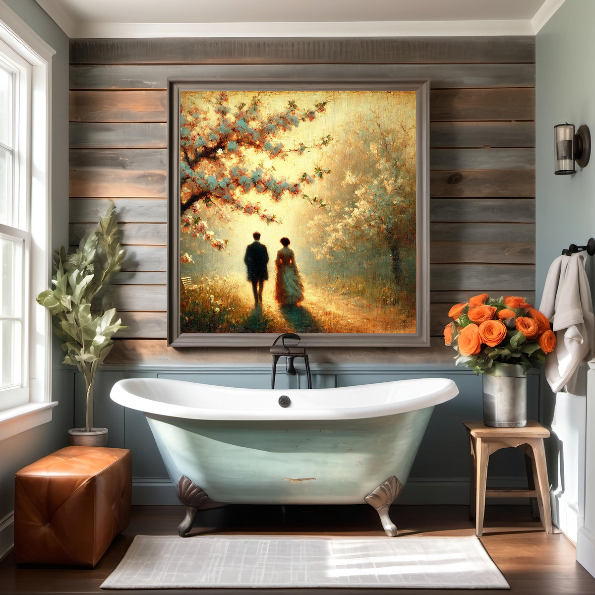 Romantic Couple Strolling Beneath Blossoms Vintage Impressionist Love Oil Painting Printable Digital Download