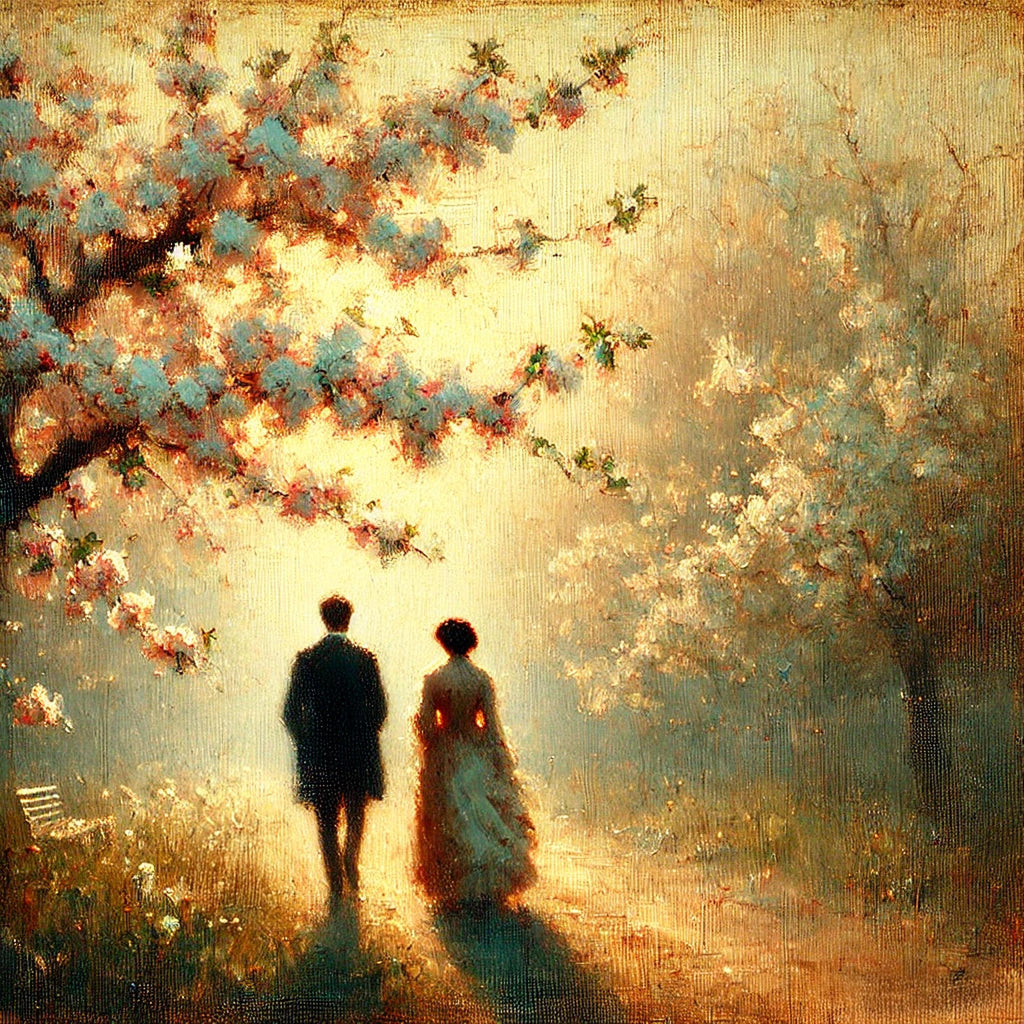 Romantic Couple Strolling Beneath Blossoms Vintage Impressionist Love Oil Painting Printable Digital Download