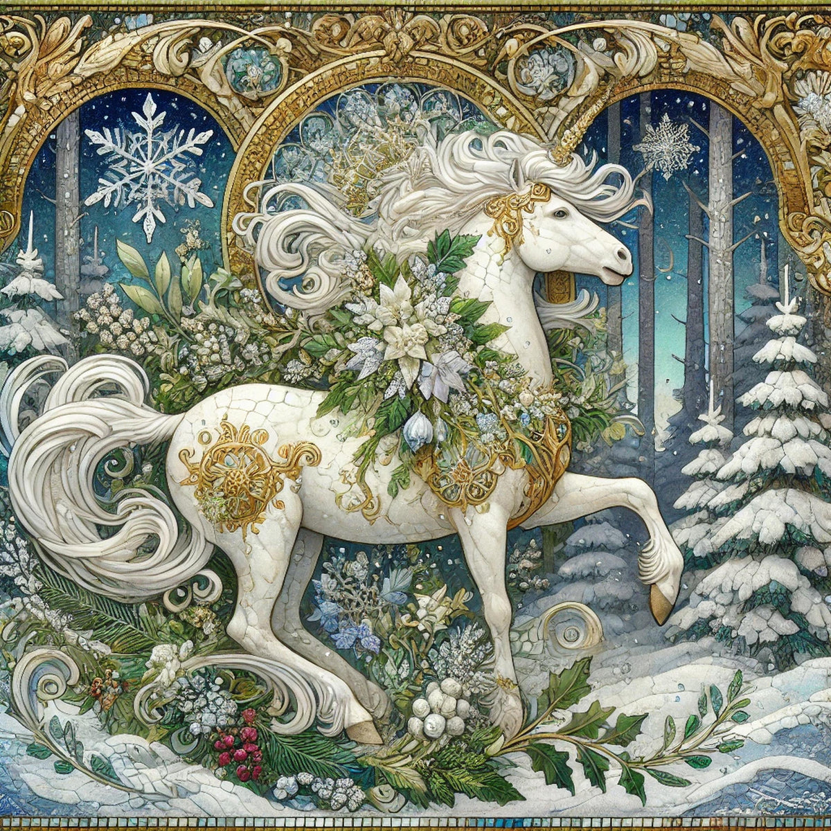 Wild Winter Forest Unicorn Art Nouveau Painting: Ethereal Gilded Mosaic Mythical Wall Art Digital Art