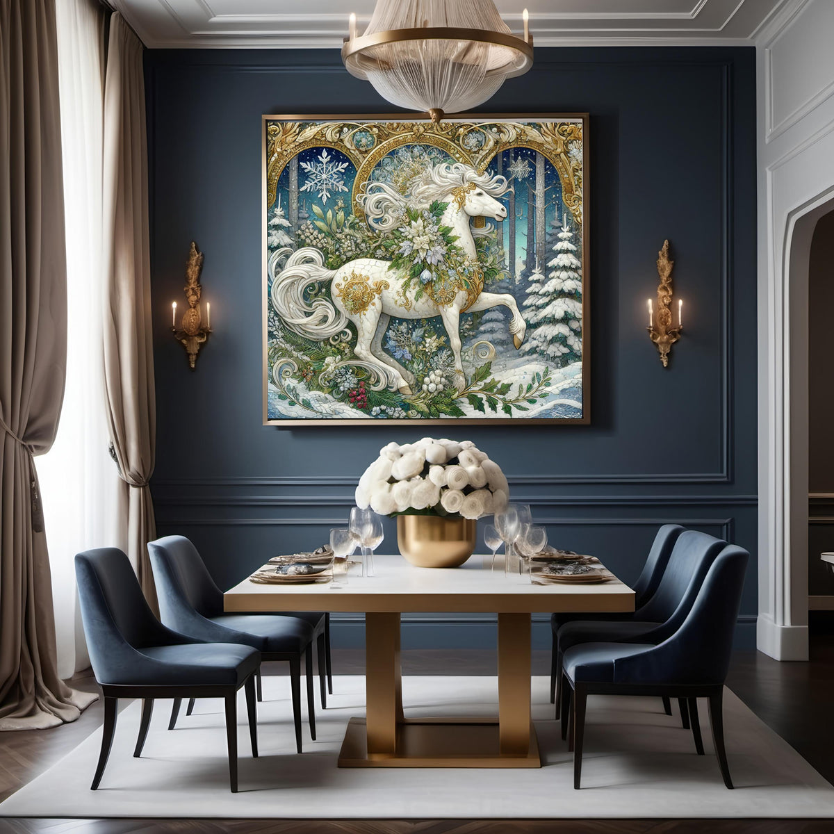 Wild Winter Forest Unicorn Art Nouveau Painting: Ethereal Gilded Mosaic Mythical Wall Art Digital Art