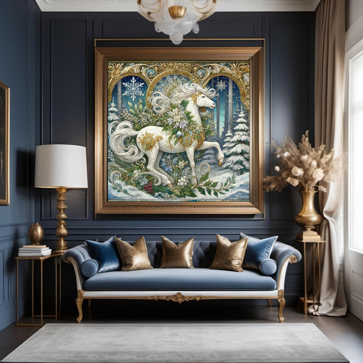 Wild Winter Forest Unicorn Art Nouveau Painting: Ethereal Gilded Mosaic Mythical Wall Art Digital Art