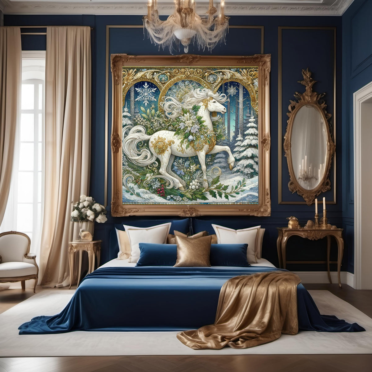 Wild Winter Forest Unicorn Art Nouveau Painting: Ethereal Gilded Mosaic Mythical Wall Art Digital Art