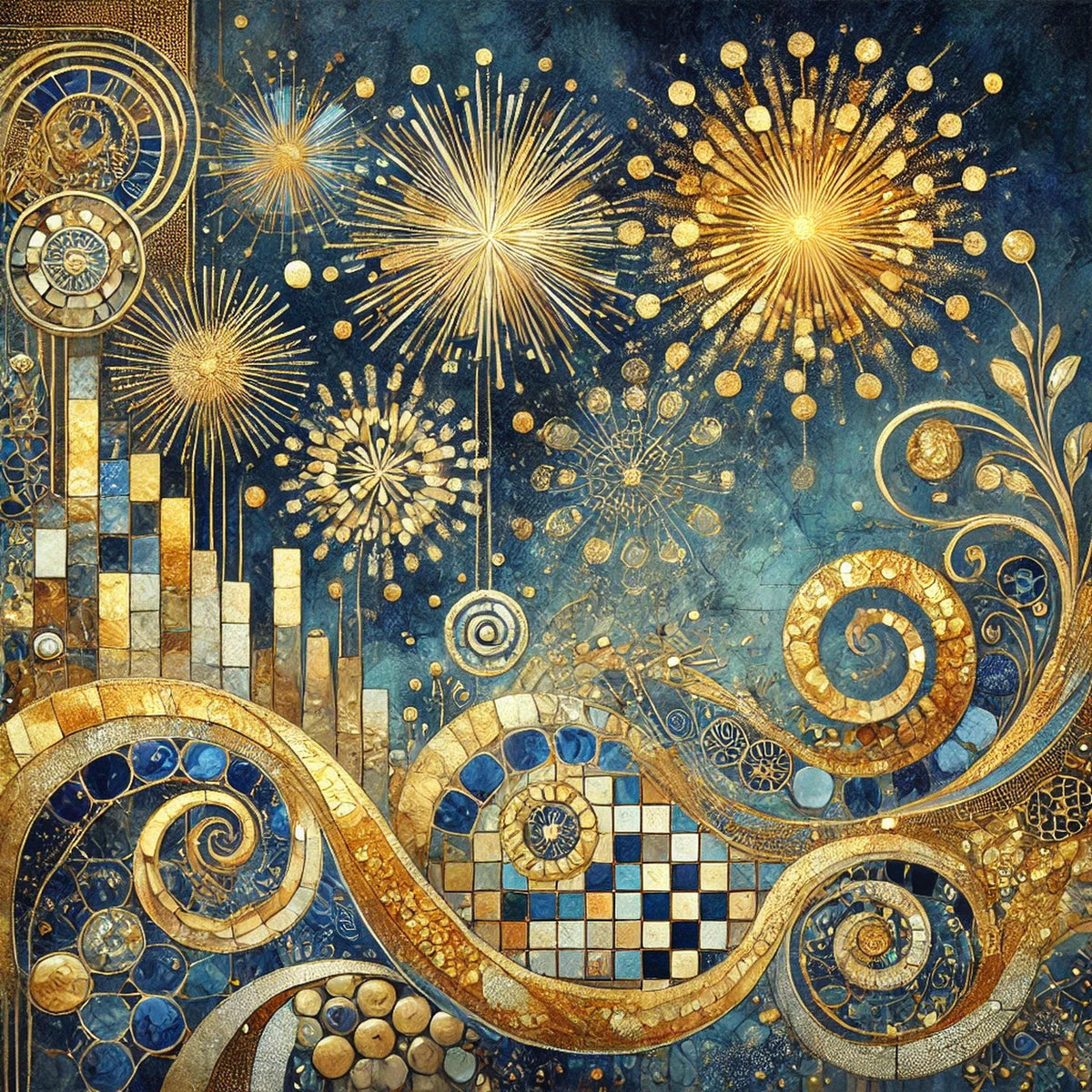 Klimt Inspired New Year Fireworks Art: Gilded Abstract Celebration Wall Art Digital Art