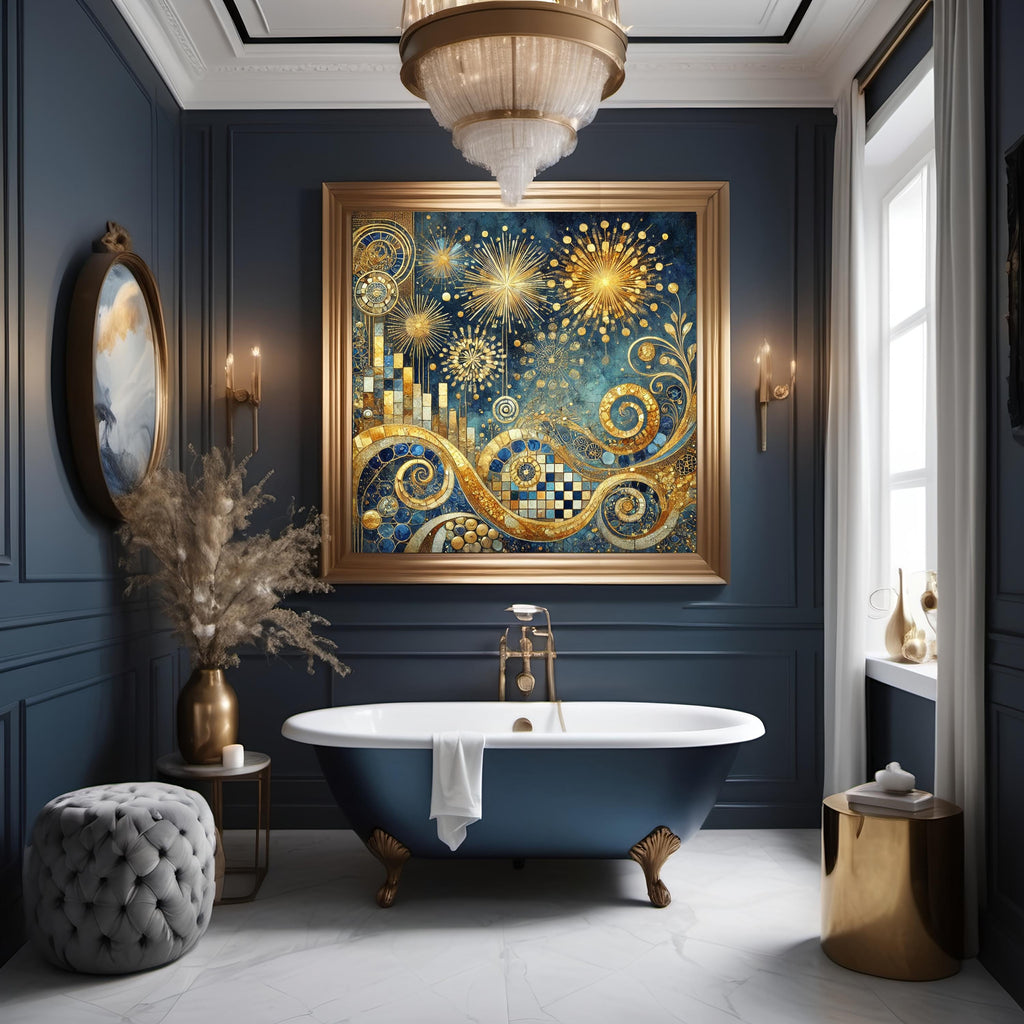Klimt Inspired New Year Fireworks Art: Gilded Abstract Celebration Wall Art Digital Art