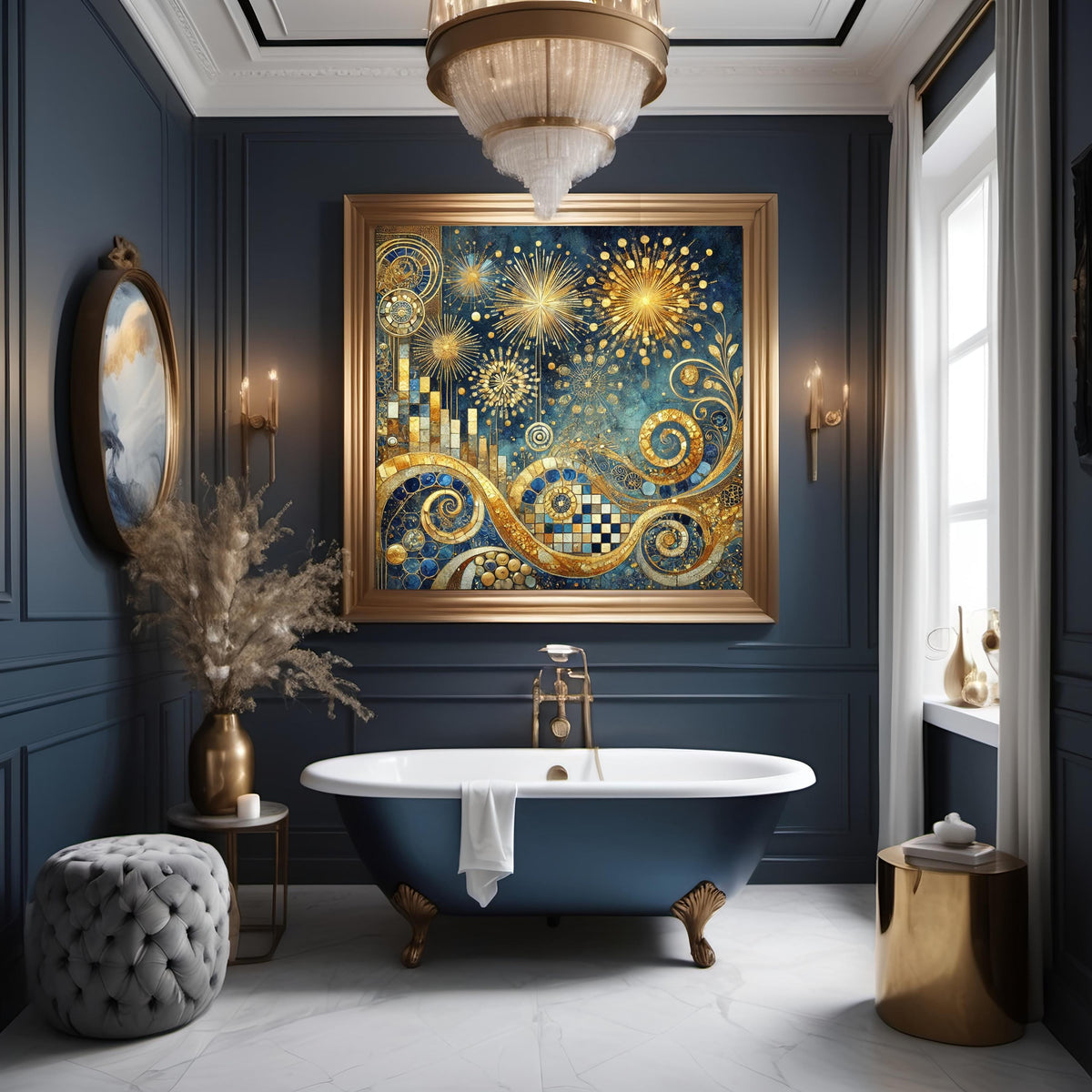 Klimt Inspired New Year Fireworks Art: Gilded Abstract Celebration Wall Art Digital Art