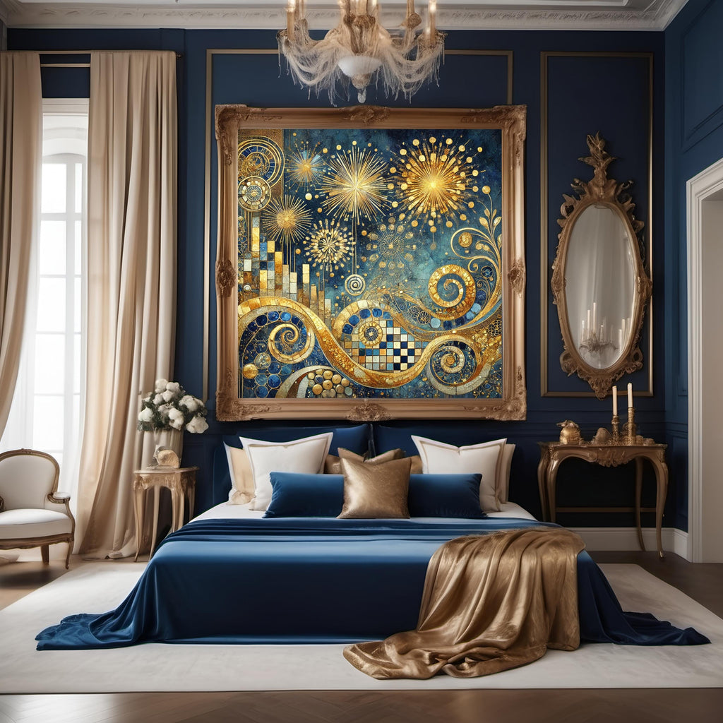 Klimt Inspired New Year Fireworks Art: Gilded Abstract Celebration Wall Art Digital Art