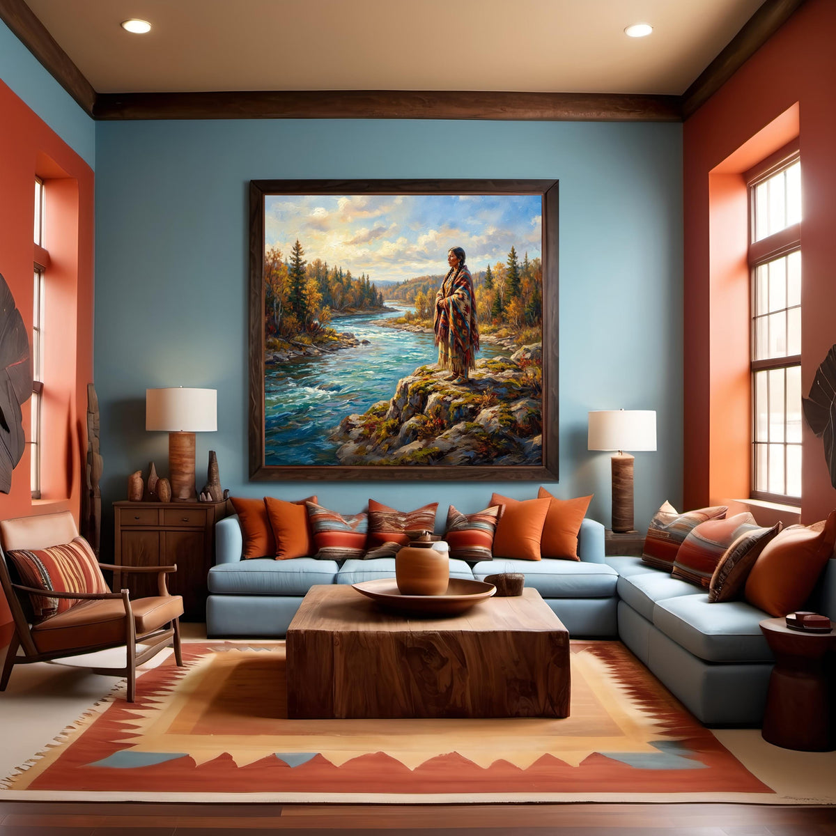 Native American Woman River Oil Painting Landscape Spiritual Nature Art Indigenous Figure Wall Art (Printable Digital Download)