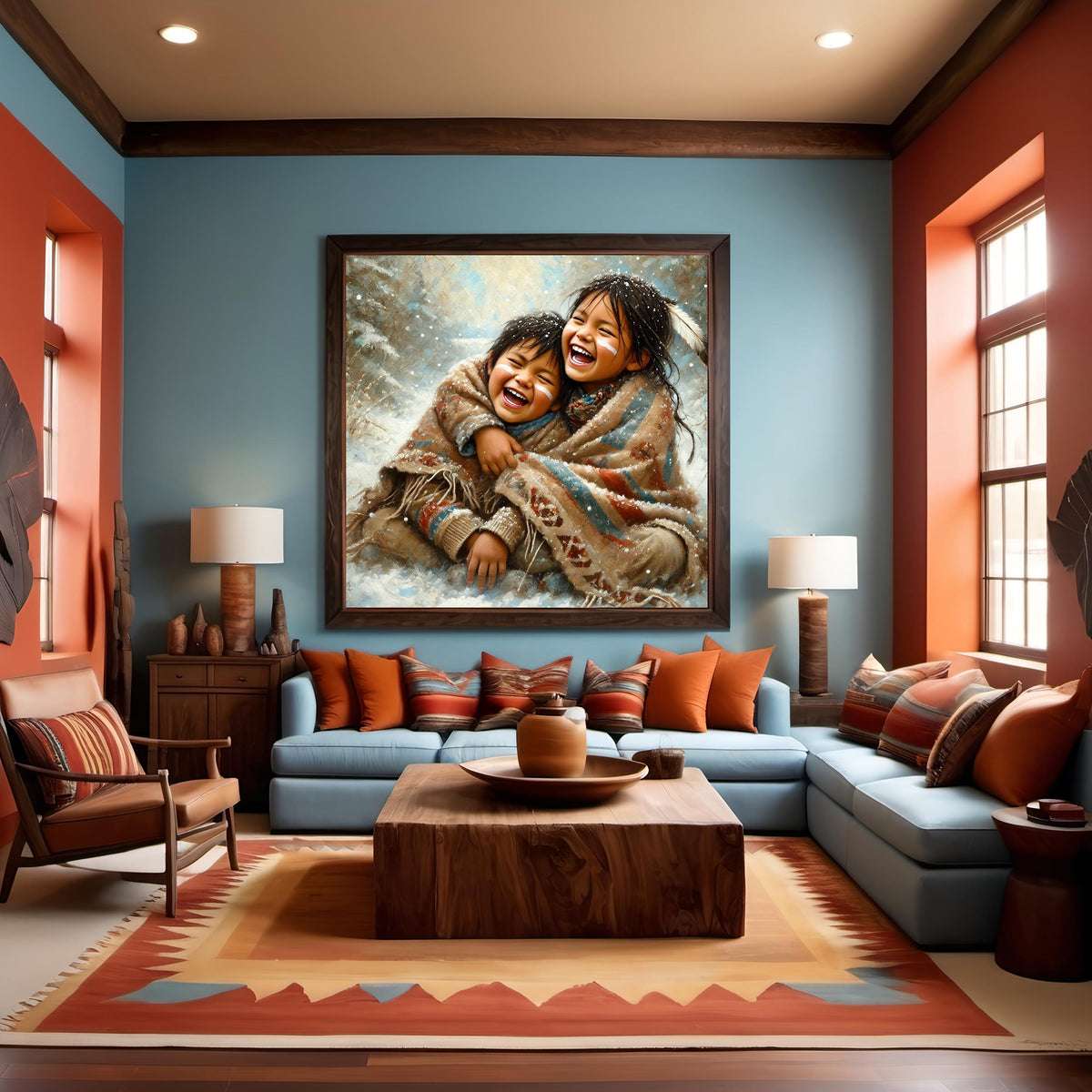 Indigenous Children Joy Oil Painting Native American Siblings Winter Childhood (Printable Digital Download)