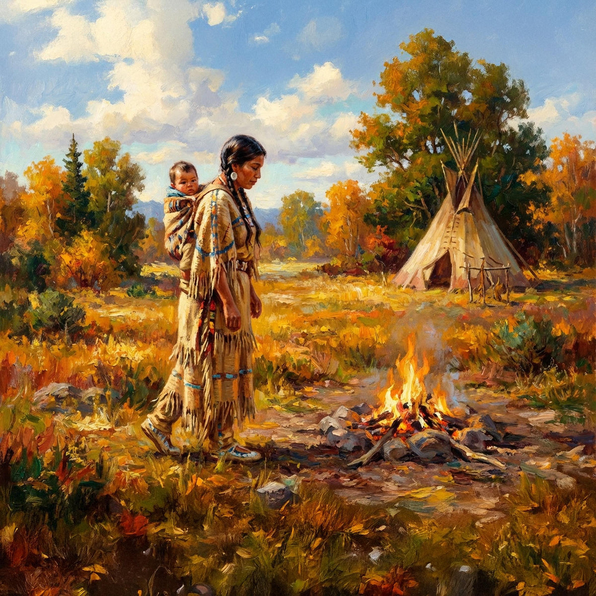 Native American Mother Child Painting Oil Style Indigenous Family Art Spiritual Heritage Landscape Fine Art (Printable Digital Download)