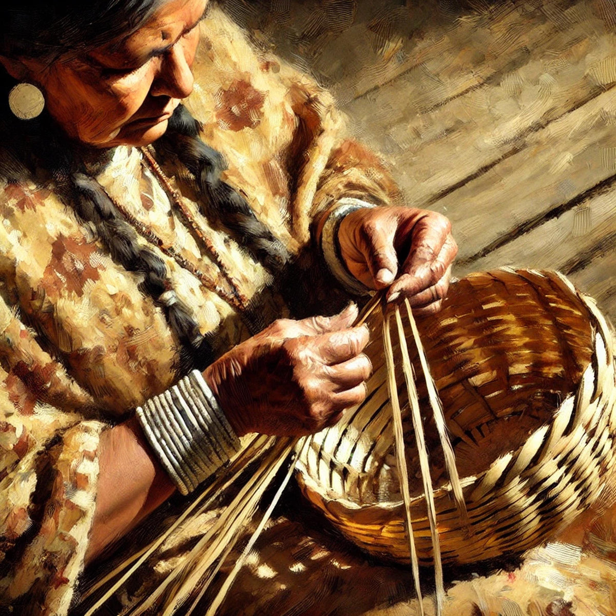 Indigenous Basket Weaving Oil Painting Digital Art Native American Cultural Heritage Wall Art (Printable Digital Download)