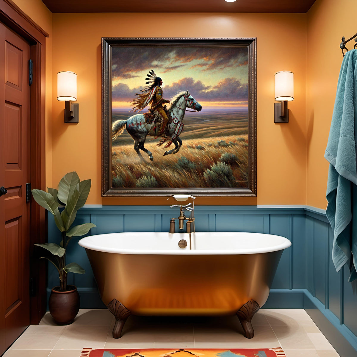 Indigenous Trailblazer on Horseback Oil Painting Digital Art Native American Warrior Wall Art Vintage Decor (Printable Digital Download)