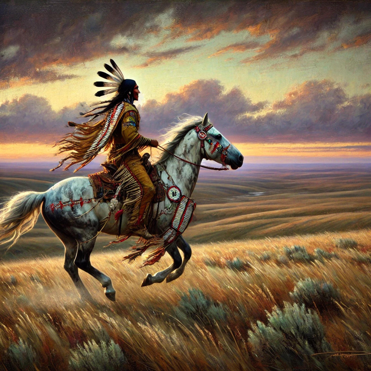 Indigenous Trailblazer on Horseback Oil Painting Digital Art Native American Warrior Wall Art Vintage Decor (Printable Digital Download)