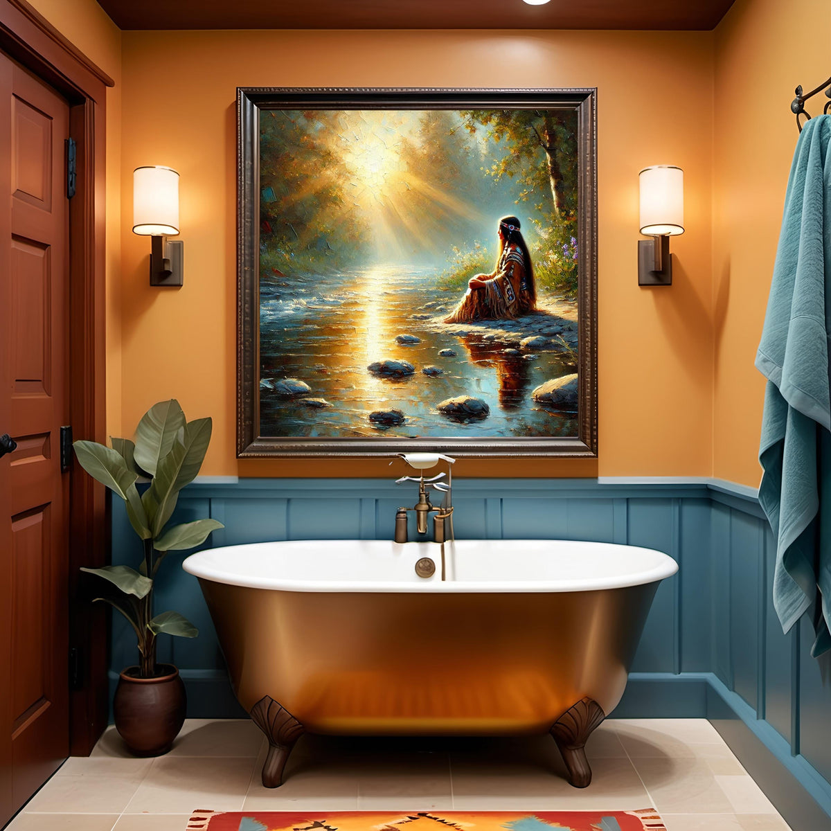 Indigenous Woman River Oil Painting, Spiritual Home Decor (Printable Digital Download)