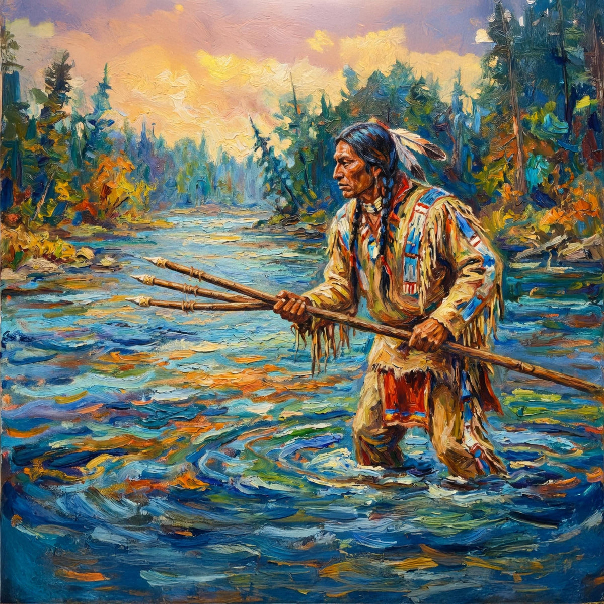 Native American Fishing Scene Oil Painting: Impressionist River Fisherman Vintage Home Decor Digital Art (Printable Instant Download)