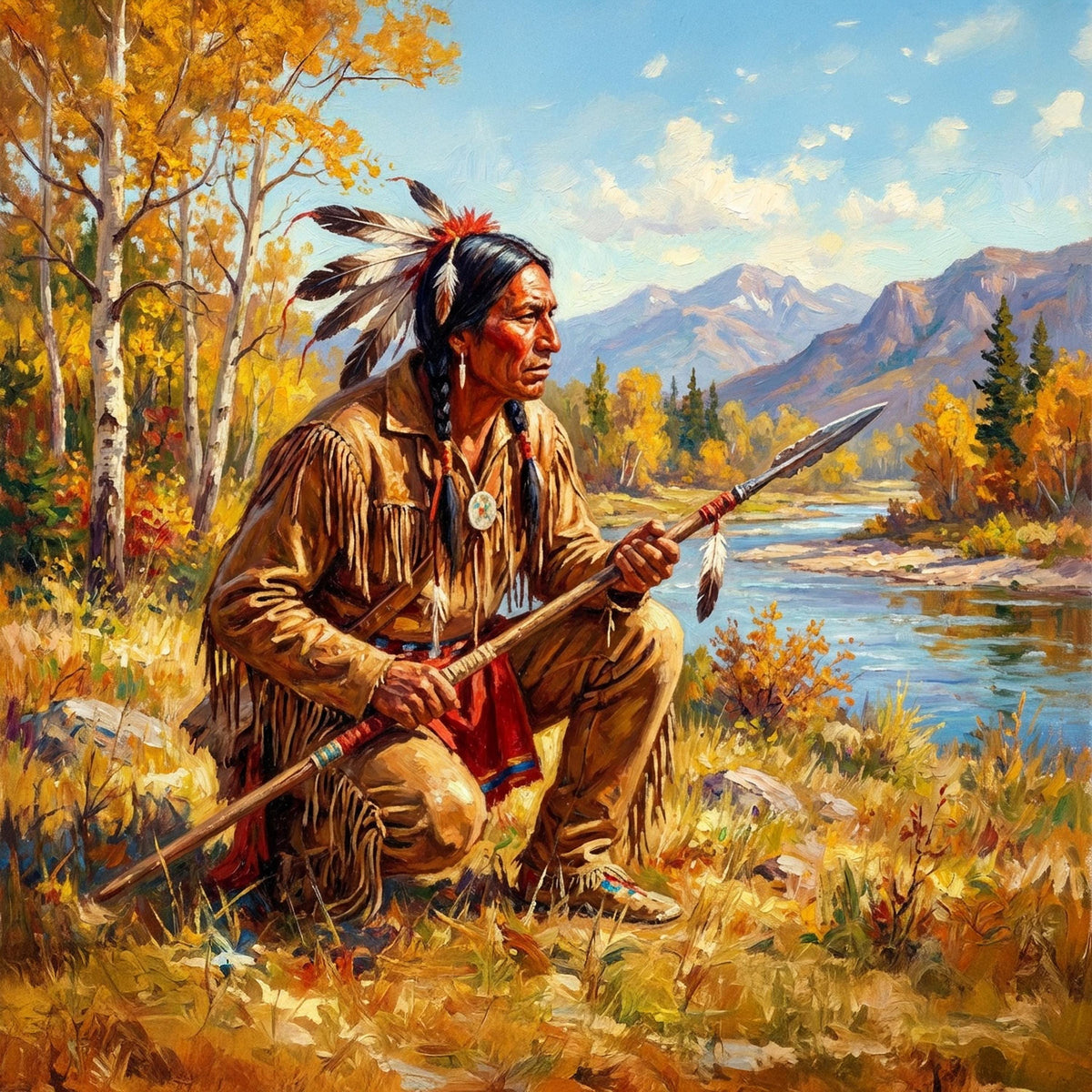 Native American Hunter Oil Painting Vintage Impressionist Indigenous Warrior Animal Nature Landscape Digital Art (Printable Download)