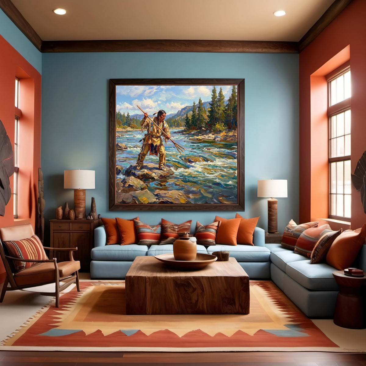 Native American Spear Fishing Oil Painting: Impressionist River Fisherman Cultural Wall Art (Printable Digital Download)