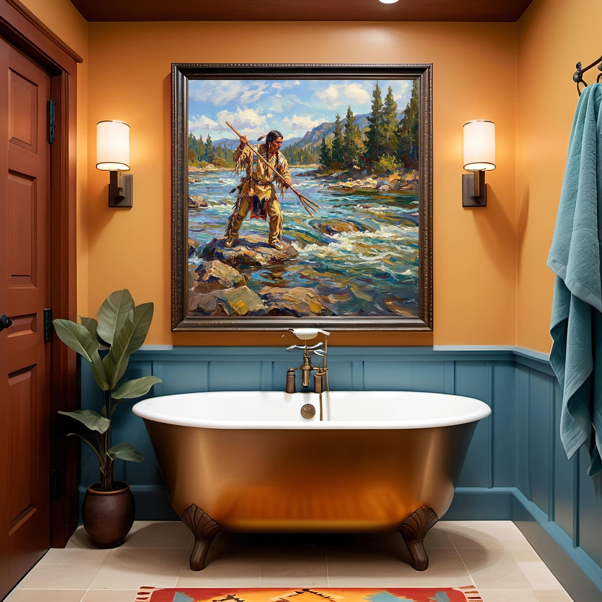 Native American Spear Fishing Oil Painting: Impressionist River Fisherman Cultural Wall Art (Printable Digital Download)
