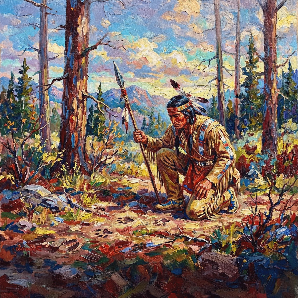 Native American Warrior Oil Painting: Indigenous Spiritual Woodland Figure Art Vintage Home Decor (Printable Digital Download)