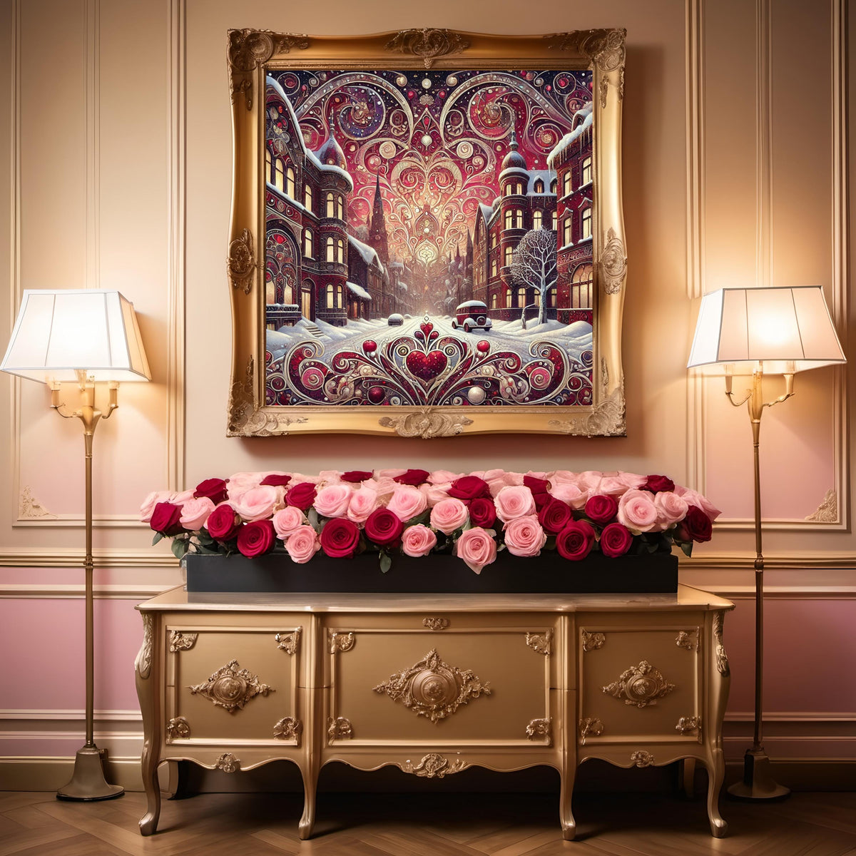 Klimt Valentine Art Print: Romantic Winter Cityscape (Digital Download)