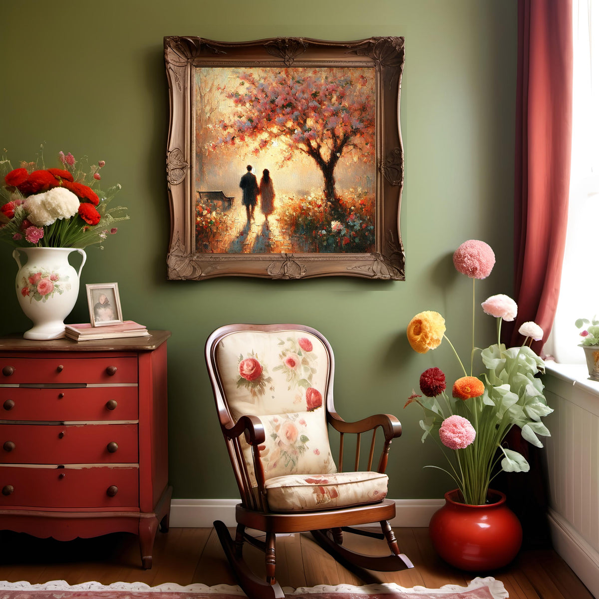 Romantic Couple Art Print | Vintage Impressionist Blossom Tree (Digital Download)