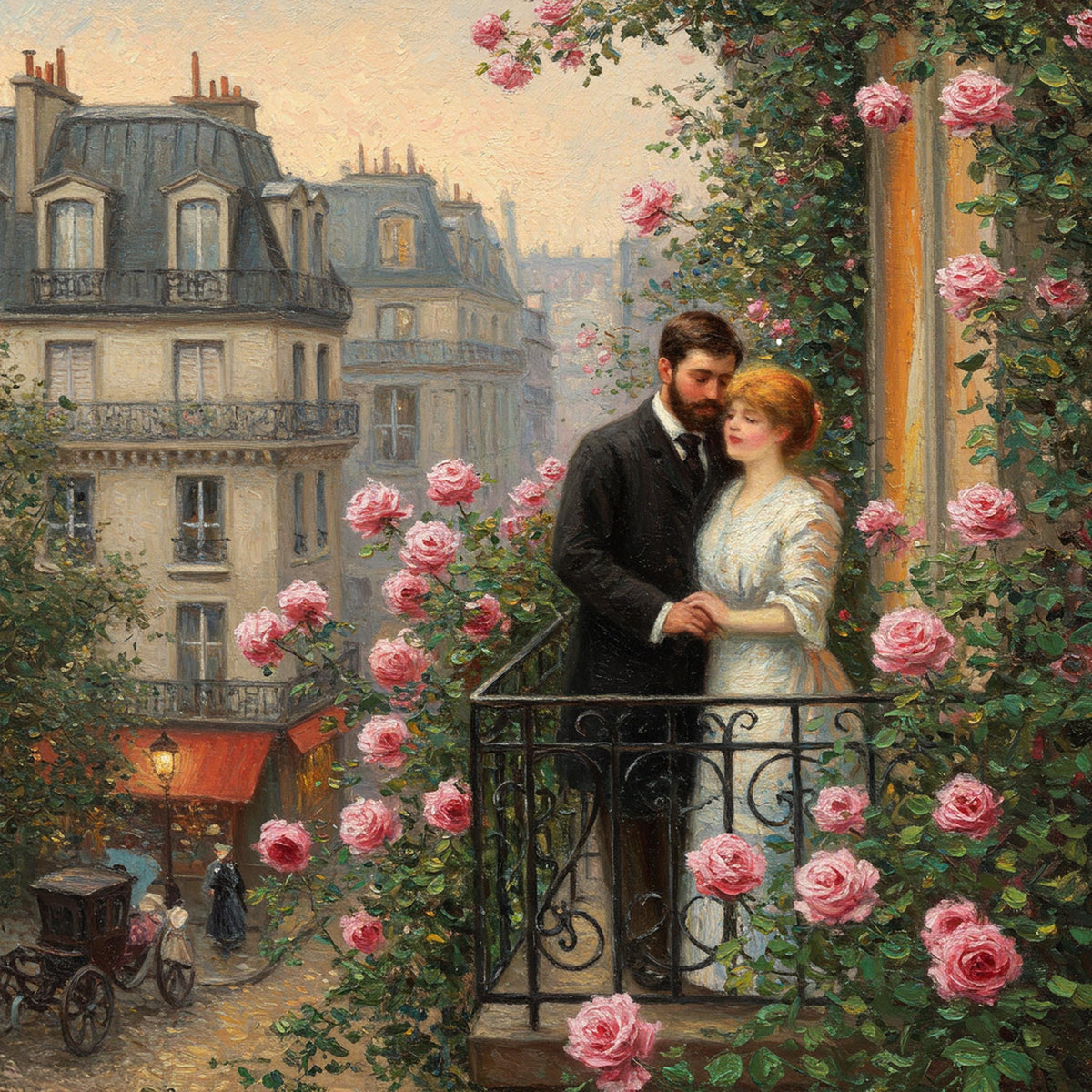 Romantic Paris Balcony Oil Painting: Vintage French Lovers Wall Art Digital Download (Printable)