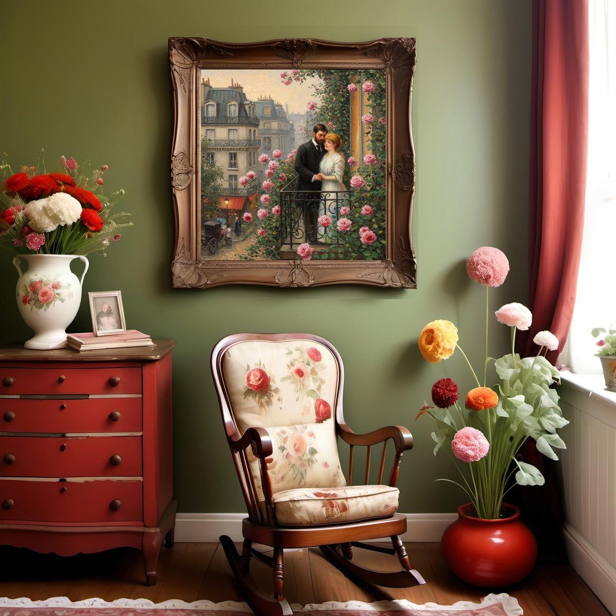 Romantic Paris Balcony Oil Painting: Vintage French Lovers Wall Art Digital Download (Printable)